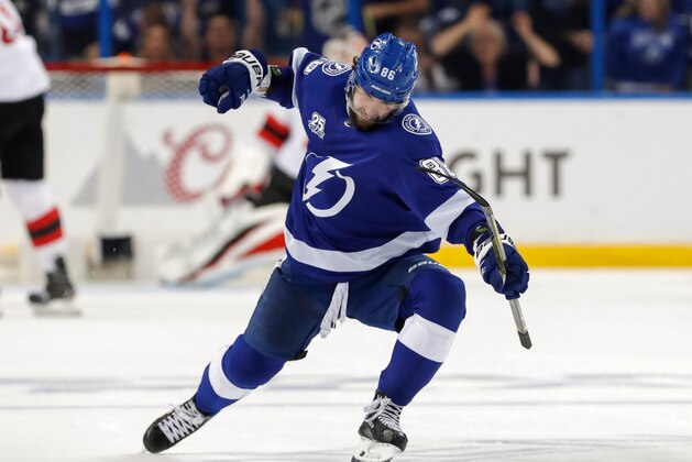 TAMPA, FL - APRIL 21: Nikita Kucherov #86 of the Tampa Bay Lightning celebrates a goal against the New Jersey Devils in the third period of Game Five of the Eastern Conference First Round during the 2018 NHL Stanley Cup Playoffs at Amalie Arena on April 21, 2018 in Tampa, Florida. (Photo by Mike Carlson/Getty Images)