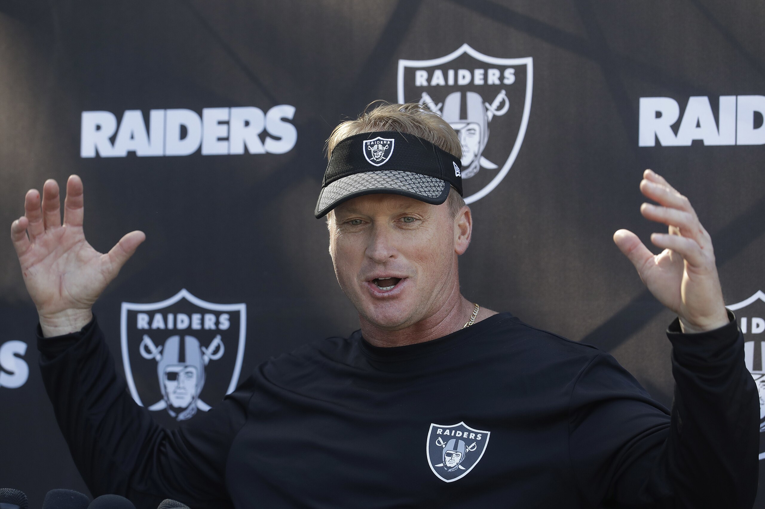 Oakland Raiders head coach Jon Gruden speaks to reporters at the team's football facility in Alameda, Calif., Tuesday, April 24, 2018. (AP Photo/Jeff Chiu) Oakland Raiders head coach Jon Gruden speaks to reporters at the team's football facility in Alameda, Calif., Tuesday, April 24, 2018. (AP Photo/Jeff Chiu)