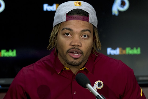 Derrius Guice, second round selection of the 2018 NFL Draft speaks at a news conference, during Redskins 2018 Draft Fest, in Landover, Md., Saturday, April 28, 2018. ( AP Photo/Jose Luis Magana)
