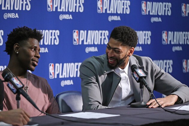 NEW ORLEANS, LA - APRIL 21: Anthony Davis #23 of the New Orleans Pelicans and Jrue Holiday #11 of the New Orleans Pelicans react while speaking with media after the game against the Portland Trail Blazers in Game Four of Round One of the 2018 NBA Playoffs on April 21, 2018 at Smoothie King Center in New Orleans, Louisiana. NOTE TO USER: User expressly acknowledges and agrees that, by downloading and or using this Photograph, user is consenting to the terms and conditions of the Getty Images License Agreement. Mandatory Copyright Notice: Copyright 2018 NBAE (Photo by Layne Murdoch/NBAE via Getty Images) NEW ORLEANS, LA - APRIL 21: Anthony Davis #23 of the New Orleans Pelicans and Jrue Holiday #11 of the New Orleans Pelicans react while speaking with media after the game against the Portland Trail Blazers in Game Four of Round One of the 2018 NBA Playoffs on April 21, 2018 at Smoothie King Center in New Orleans, Louisiana. NOTE TO USER: User expressly acknowledges and agrees that, by downloading and or using this Photograph, user is consenting to the terms and conditions of the Getty Images License Agreement. Mandatory Copyright Notice: Copyright 2018 NBAE (Photo by Layne Murdoch/NBAE via Getty Images)