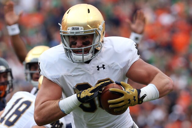 FILE - In this Sept. 12, 2015, file photo, Notre Dame tight end Durham Smythe (80) runs the ball in for a touchdown during an NCAA college football game against Virginia, in Charlottesville, Va. Notre Dame is expecting to get a bowl boost from two familiar faces who have contributed little this season because of injuries. (AP Photo/Andrew Shurtleff, File)