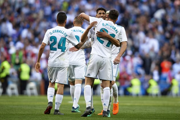 MADRID, SPAIN - APRIL 28:  Borja Mayoral of Real Madrid celebrates after scoring his team's second goal with his teammates during the La Liga match between Real Madrid and Leganes at Estadio Santiago Bernabeu on April 28, 2018 in Madrid, Spain. (Photo by Quality Sport Images/Getty Images)