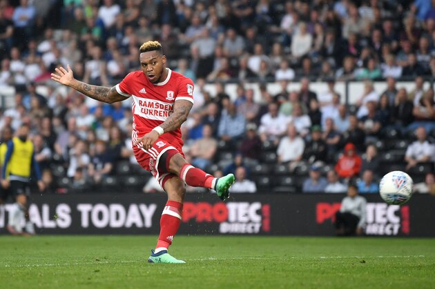 DERBY, ENGLAND - APRIL 21:  Britt Assombalonga of Middlesbrough scores his team's 2nd goal during the Sky Bet Championship match between Derby and Middlesbrough at iPro Stadium on April 21, 2018 in Derby, England.  (Photo by Gareth Copley/Getty Images)