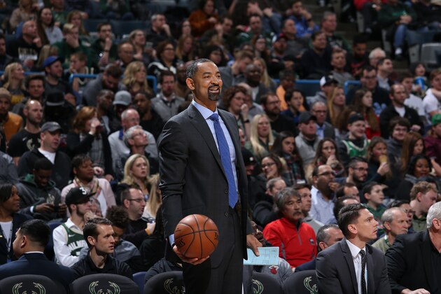 MILWAUKEE, WI - JANUARY 17: Assistant Coach Juwan Howard of the Miami Heat looks on during the game against the Milwaukee Bucks on January 17, 2018 at the BMO Harris Bradley Center in Milwaukee, Wisconsin. NOTE TO USER: User expressly acknowledges and agrees that, by downloading and or using this Photograph, user is consenting to the terms and conditions of the Getty Images License Agreement. Mandatory Copyright Notice: Copyright 2018 NBAE (Photo by Gary Dineen/NBAE via Getty Images)