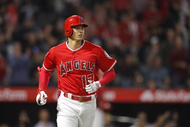 Los Angeles Angels' Shohei Ohtani, of Japan, rounds the bases after hitting a home run during the second inning of a baseball game against the New York Yankees, Friday, April 27, 2018, in Anaheim, Calif. (AP Photo/Jae C. Hong)