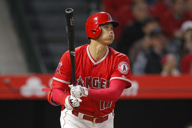 Los Angeles Angels' Shohei Ohtani, of Japan, watches his home run during the second inning of a baseball game against the New York Yankees, Friday, April 27, 2018, in Anaheim, Calif. (AP Photo/Jae C. Hong)