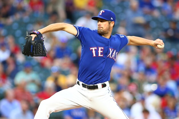 ARLINGTON, TX - APRIL 24: Cole Hamels #35 of the Texas Rangers throws in the third inning against the Oakland Athletics at Globe Life Park in Arlington on April 24, 2018 in Arlington, Texas. (Photo by Rick Yeatts/Getty Images) *** Local Caption *** Cole Hamels