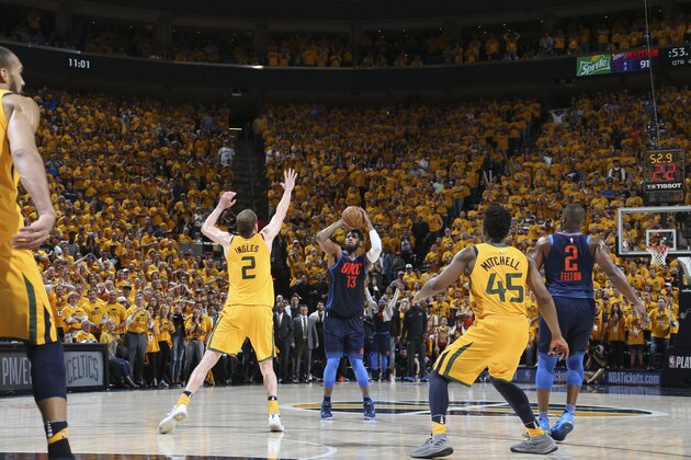 SALT LAKE CITY, UT - APRIL 27: Paul George #13 of the Oklahoma City Thunder shoots the ball against the Utah Jazz in Game Six of the Western Conference Quarterfinals during the 2018 NBA Playoffs on April 27, 2018 at vivint.SmartHome Arena in Salt Lake City, Utah. NOTE TO USER: User expressly acknowledges and agrees that, by downloading and or using this Photograph, User is consenting to the terms and conditions of the Getty Images License Agreement. Mandatory Copyright Notice: Copyright 2018 NBAE (Photo by Melissa Majchrzak/NBAE via Getty Images)