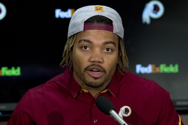 Derrius Guice, second round selection of the 2018 NFL Draft speaks at a news conference, during Redskins 2018 Draft Fest, in Landover, Md., Saturday, April 28, 2018. ( AP Photo/Jose Luis Magana)