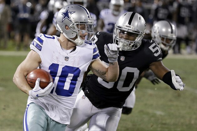Dallas Cowboys wide receiver Ryan Switzer (10) runs against Oakland Raiders linebacker Nicholas Morrow (50) during the second half of an NFL football game in Oakland, Calif., Sunday, Dec. 17, 2017. The Cowboys won 20-17. (AP Photo/Eric Risberg)
