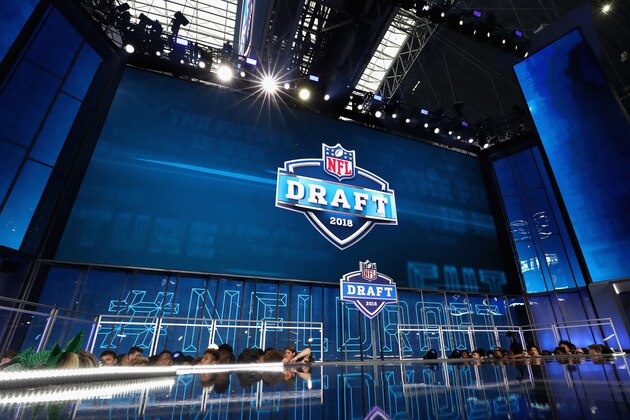 ARLINGTON, TX - APRIL 26:  The 2018 NFL Draft logo is seen on a video board during the first round of the 2018 NFL Draft at AT&T Stadium on April 26, 2018 in Arlington, Texas.  (Photo by Ronald Martinez/Getty Images)