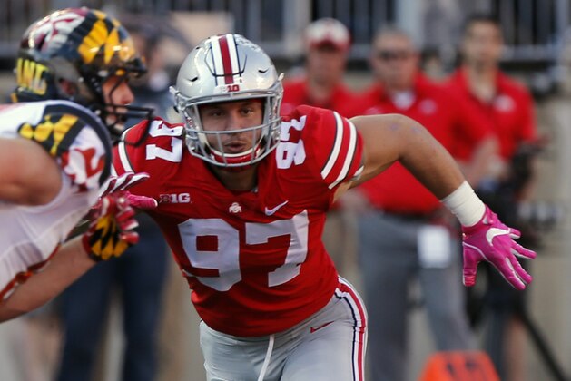 FILE - In this Oct. 7, 2017, file photo, Ohio State defensive end Nick Bosa plays against Maryland during an NCAA college football game, in Columbus, Ohio. Bosa was selected to the AP All-Conference Big Ten team announced Wednesday, Dec. 6, 2017. (AP Photo/Jay LaPrete, File)