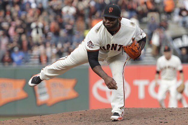 San Francisco Giants' Pablo Sandoval pitches against the Los Angeles Dodgers during the ninth inning of a baseball game in San Francisco, Saturday, April 28, 2018. (AP Photo/Jeff Chiu)