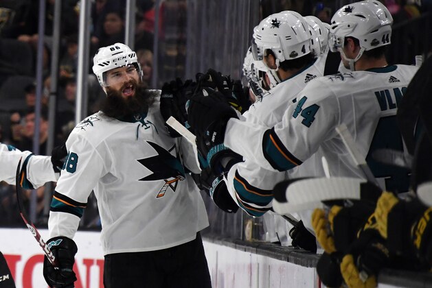 LAS VEGAS, NV - APRIL 28:  Brent Burns #88 of the San Jose Sharks celebrates with teammtes on the bench after scoring a power-play goal against the Vegas Golden Knights in the second period of Game Two of the Western Conference Second Round during the 2018 NHL Stanley Cup Playoffs at T-Mobile Arena on April 28, 2018 in Las Vegas, Nevada.  (Photo by Ethan Miller/Getty Images)