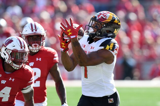 MADISON, WI - OCTOBER 21:  D.J. Moore #1 of the Maryland Terrapins makes a catch against the Wisconsin Badgers at Camp Randall Stadium on October 21, 2017 in Madison, Wisconsin.  (Photo by G Fiume/Maryland Terrapins/Getty Images)