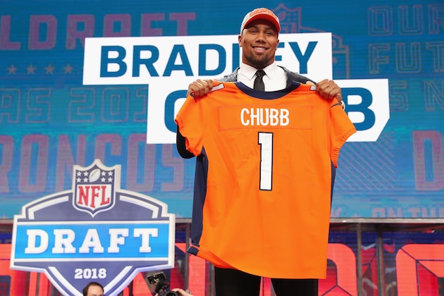 ARLINGTON, TX - APRIL 26:  Bradley Chubb of NC State poses after being picked #5 overall by the Denver Broncos during the first round of the 2018 NFL Draft at AT&T Stadium on April 26, 2018 in Arlington, Texas.  (Photo by Tom Pennington/Getty Images)
