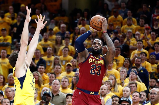 INDIANAPOLIS, IN - APRIL 27:  LeBron James #23 of the Cleveland Cavaliers shoots the ball against the Indiana Pacers in Game Six of the Eastern Conference Quarterfinals during the 2018 NBA Playoffs  at Bankers Life Fieldhouse on April 27, 2018 in Indianapolis, Indiana.  NOTE TO USER: User expressly acknowledges and agrees that, by downloading and or using this photograph, User is consenting to the terms and conditions of the Getty Images License Agreement.  (Photo by Andy Lyons/Getty Images)
