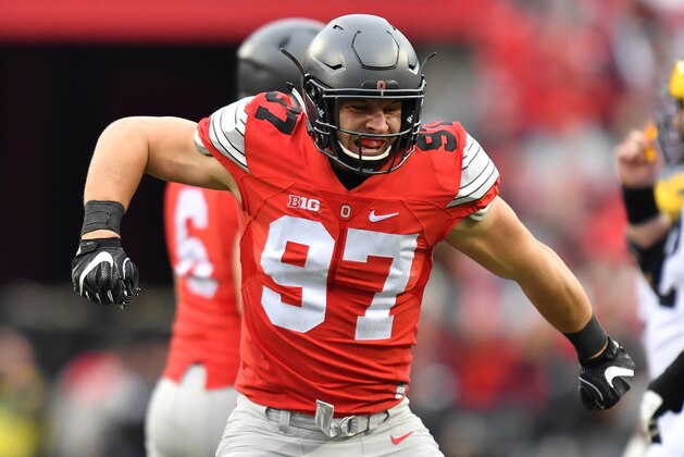 COLUMBUS, OH - NOVEMBER 26:   Nick Bosa #97 of the Ohio State Buckeyes celebrates a sack against the Michigan Wolverines at Ohio Stadium on November 26, 2016 in Columbus, Ohio.  (Photo by Jamie Sabau/Getty Images)