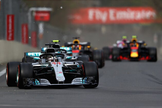 BAKU, AZERBAIJAN - APRIL 29: Lewis Hamilton of Great Britain driving the (44) Mercedes AMG Petronas F1 Team Mercedes WO9 on track during the Azerbaijan Formula One Grand Prix at Baku City Circuit on April 29, 2018 in Baku, Azerbaijan.  (Photo by Dan Istitene/Getty Images)