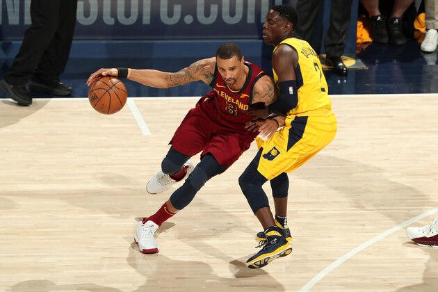 INDIANAPOLIS, IN - APRIL 20:  George Hill #3 of the Cleveland Cavaliers handles the ball against the Indiana Pacers in Game Three of Round One of the 2018 NBA Playoffs on April 20, 2018 at Bankers Life Fieldhouse in Indianapolis, Indiana. NOTE TO USER: User expressly acknowledges and agrees that, by downloading and or using this Photograph, user is consenting to the terms and conditions of the Getty Images License Agreement. Mandatory Copyright Notice: Copyright 2018 NBAE (Photo by Nathaniel S. Butler/NBAE via Getty Images)
