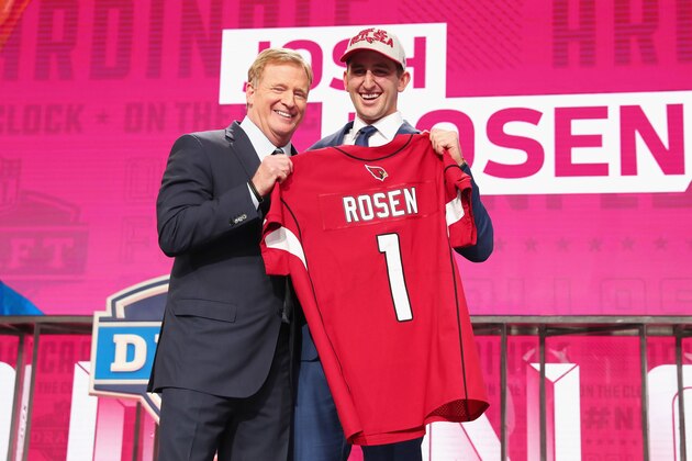 ARLINGTON, TX - APRIL 26:  Josh Rosen of UCLA poses with NFL Commissioner Roger Goodell after being picked #10 overall by the Arizona Cardinals during the first round of the 2018 NFL Draft at AT&T Stadium on April 26, 2018 in Arlington, Texas.  (Photo by Tom Pennington/Getty Images)
