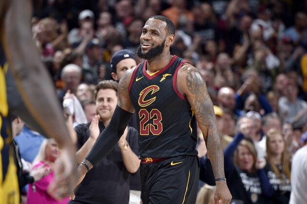 CLEVELAND, OH - APRIL 29: LeBron James #23 of the Cleveland Cavaliers looks on during the game against the Indiana Pacers in Game Seven of Round One of the 2018 NBA Playoffs on April 29, 2018 at Quicken Loans Arena in Cleveland, Ohio.  NOTE TO USER: User expressly acknowledges and agrees that, by downloading and or using this Photograph, user is consenting to the terms and conditions of the Getty Images License Agreement. Mandatory Copyright Notice: Copyright 2018 NBAE (Photo by David Liam Kyle/NBAE via Getty Images)