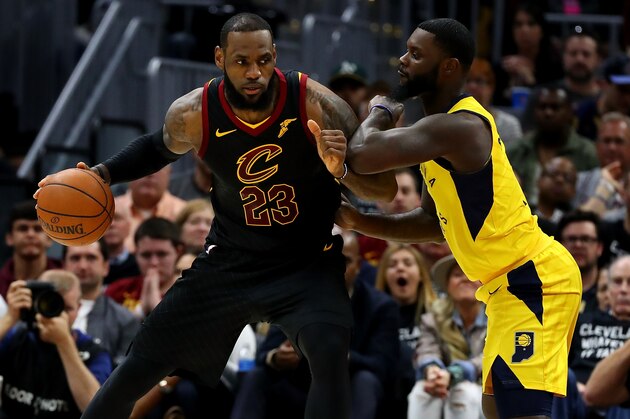 CLEVELAND, OH - APRIL 29: LeBron James #23 of the Cleveland Cavaliers tries to get around Lance Stephenson #1 of the Indiana Pacers during the first half in Game Seven of the Eastern Conference Quarterfinals during the 2018 NBA Playoffs at Quicken Loans Arena on April 29, 2018 in Cleveland, Ohio. NOTE TO USER: User expressly acknowledges and agrees that, by downloading and or using this photograph, User is consenting to the terms and conditions of the Getty Images License Agreement. (Photo by Gregory Shamus/Getty Images)