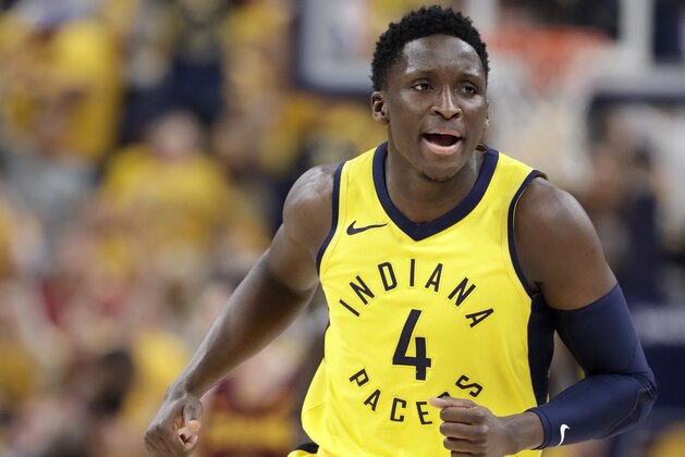 Indiana Pacers' Victor Oladipo jogs down the court during the first half of Game 6 of a first-round NBA basketball playoff series against the Cleveland Cavaliers, Friday, April 27, 2018, in Indianapolis. (AP Photo/Darron Cummings)