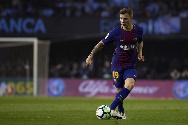 VIGO, SPAIN - APRIL 17:  Lucas Digne of FC Barcelona in action during the La Liga match between Celta de Vigo and Barcelona at Balaidos Stadium on April 17, 2018 in Vigo, Spain.  (Photo by Quality Sport Images/Getty Images)