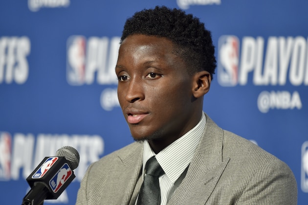 CLEVELAND, OH - APRIL 29: Victor Oladipo #4 of the Indiana Pacers speaks during the post-game press conference after Game Seven of Round One against the Cleveland Cavaliers of the 2018 NBA Playoffs on April 29, 2018 at Quicken Loans Arena in Cleveland, Ohio.  NOTE TO USER: User expressly acknowledges and agrees that, by downloading and or using this Photograph, user is consenting to the terms and conditions of the Getty Images License Agreement. Mandatory Copyright Notice: Copyright 2018 NBAE (Photo by David Liam Kyle/NBAE via Getty Images)