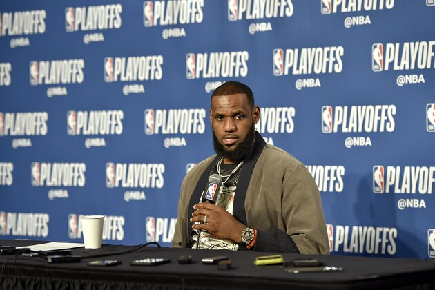 CLEVELAND, OH - APRIL 29: LeBron James #23 of the Cleveland Cavaliers speaks during the post-game press conference after Game Seven of Round One against the Indiana Pacers of the 2018 NBA Playoffs on April 29, 2018 at Quicken Loans Arena in Cleveland, Ohio.  NOTE TO USER: User expressly acknowledges and agrees that, by downloading and or using this Photograph, user is consenting to the terms and conditions of the Getty Images License Agreement. Mandatory Copyright Notice: Copyright 2018 NBAE (Photo by David Liam Kyle/NBAE via Getty Images)