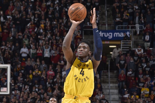 CLEVELAND, OH - APRIL 29: Victor Oladipo #4 of the Indiana Pacers shoots the ball against the Cleveland Cavaliers in Game Seven of Round One of the 2018 NBA Playoffs on April 29, 2018 at Quicken Loans Arena in Cleveland, Ohio.  NOTE TO USER: User expressly acknowledges and agrees that, by downloading and or using this Photograph, user is consenting to the terms and conditions of the Getty Images License Agreement. Mandatory Copyright Notice: Copyright 2018 NBAE (Photo by David Liam Kyle/NBAE via Getty Images)