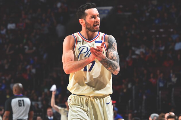 Philadelphia 76ers' JJ Redick (17) gestures during the second half of Game 3 of a first-round NBA basketball playoff series against the Miami Heat, Thursday, April 19, 2018, in Miami. The 76ers won 128-108. (AP Photo/Lynne Sladky)