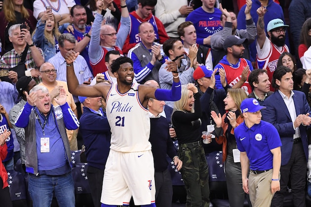 PHILADELPHIA, PA - APRIL 24: Joel Embiid #21 of the Philadelphia 76ers celebrates during the game against the Miami Heat in game five of round one of the 2018 NBA Playoffs on April 24, 2018 at the Wells Fargo Center in Philadelphia, Pennsylvania. NOTE TO USER: User expressly acknowledges and agrees that, by downloading and or using this photograph, User is consenting to the terms and conditions of the Getty Images License Agreement. (Photo by Matteo Marchi/Getty Images)