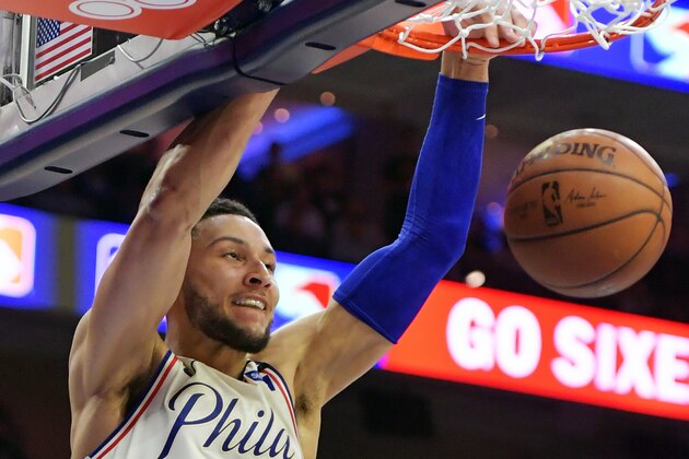 PHILADELPHIA, PA - APRIL 24: Ben Simmons #25 of the Philadelphia 76ers dunks the ball during the game against the Miami Heat at Wells Fargo Center on April 24, 2018 in Philadelphia, Pennsylvania. (Photo by Drew Hallowell/Getty Images)