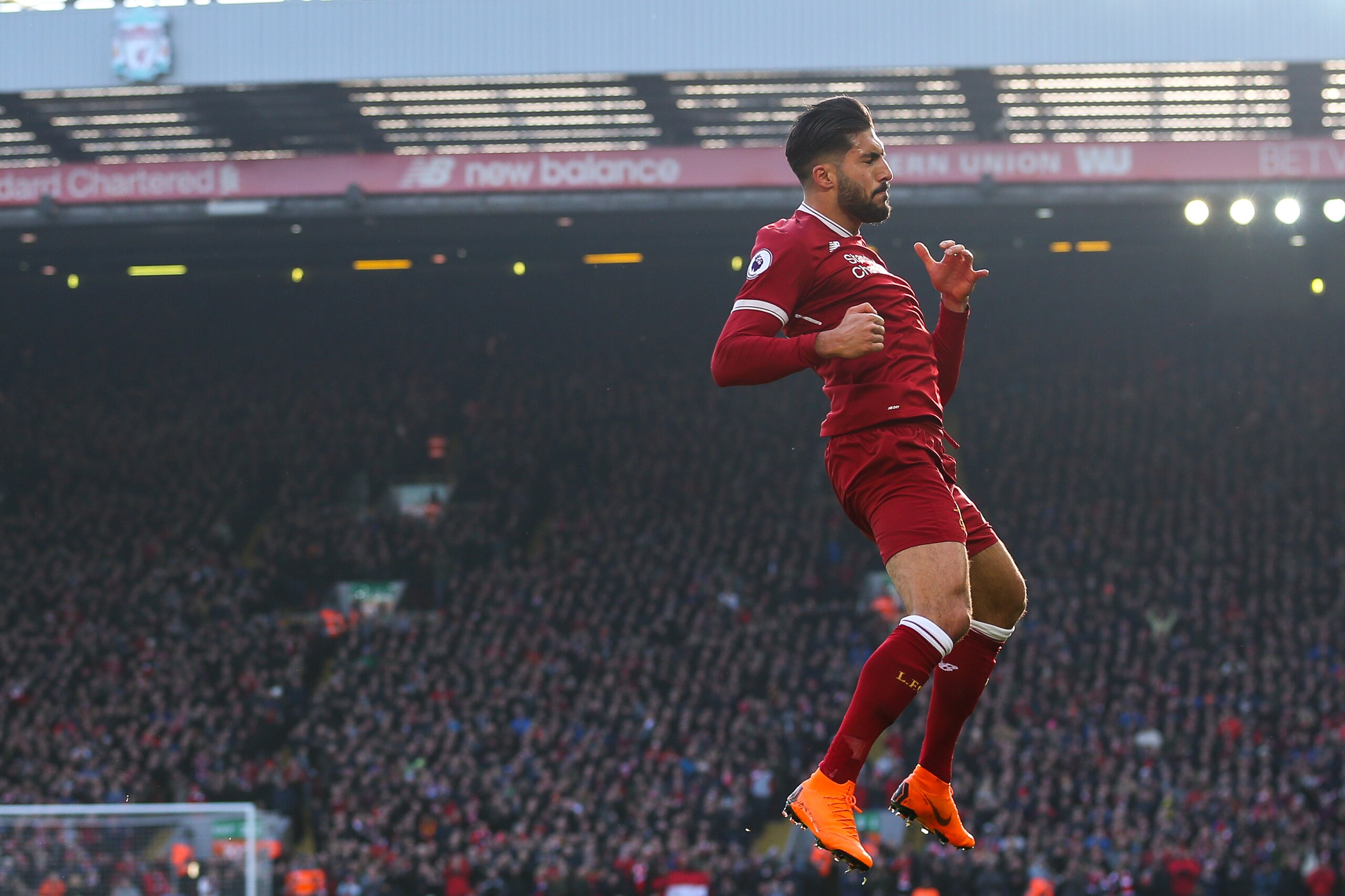 LIVERPOOL, ENGLAND - FEBRUARY 24: Emre Can of Liverpool celebrates after scoring a goal to make it 1-0 during the Premier League match between Liverpool and West Ham United at Anfield on February 24, 2018 in Liverpool, England. (Photo by Robbie Jay Barratt - AMA/Getty Images) LIVERPOOL, ENGLAND - FEBRUARY 24: Emre Can of Liverpool celebrates after scoring a goal to make it 1-0 during the Premier League match between Liverpool and West Ham United at Anfield on February 24, 2018 in Liverpool, England. (Photo by Robbie Jay Barratt - AMA/Getty Images)