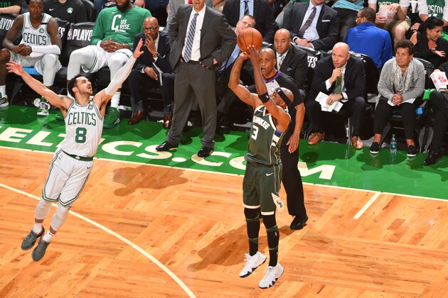 BOSTON, MA - APRIL 28: Jason Terry #3 of the Milwaukee Bucks shoots the ball over Shane Larkin #8 of the Boston Celtics in Game Seven of the 2018 NBA Playoffs on April 28, 2018 at the TD Garden in Boston, Massachusetts. NOTE TO USER: User expressly acknowledges and agrees that, by downloading and or using this photograph, User is consenting to the terms and conditions of the Getty Images License Agreement. Mandatory Copyright Notice: Copyright 2018 NBAE  (Photo by Jesse D. Garrabrant/NBAE via Getty Images)