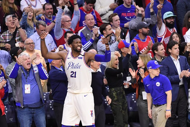 PHILADELPHIA, PA - APRIL 24: Joel Embiid #21 of the Philadelphia 76ers celebrates during the game against the Miami Heat in game five of round one of the 2018 NBA Playoffs on April 24, 2018 at the Wells Fargo Center in Philadelphia, Pennsylvania. NOTE TO USER: User expressly acknowledges and agrees that, by downloading and or using this photograph, User is consenting to the terms and conditions of the Getty Images License Agreement. (Photo by Matteo Marchi/Getty Images)