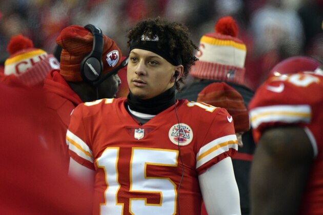 Kansas City Chiefs quarterback Patrick Mahomes (15) follows from the sidelines the first half of an NFL wild-card playoff football game against the Tennessee Titans, in Kansas City, Mo., Saturday, Jan. 6, 2018. (AP Photo/Ed Zurga)