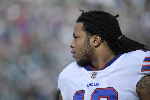 Buffalo Bills wide receiver Kelvin Benjamin (13) watches from the sideline during the first half of an NFL wild-card playoff football game against the Jacksonville Jaguars Sunday, Jan. 7, 2018, in Jacksonville, Fla. (AP Photo/Phelan M. Ebenhack)