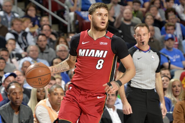 PHILADELPHIA, PA - APRIL 24:  Tyler Johnson #8 of the Miami Heat handles the ball against the Philadelphia 76ers in Game Five of Round One of the 2018 NBA Playoffs on April 24, 2018 at the Wells Fargo Center in Philadelphia, Pennsylvania. NOTE TO USER: User expressly acknowledges and agrees that, by downloading and/or using this Photograph, user is consenting to the terms and conditions of the Getty Images License Agreement. Mandatory Copyright Notice: Copyright 2018 NBAE (Photo by David Dow/NBAE via Getty Images)