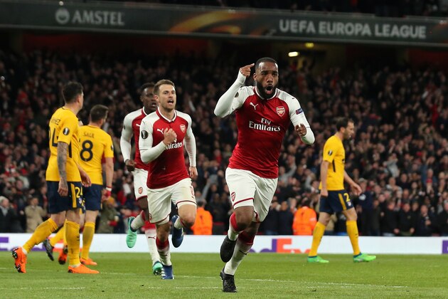LONDON, ENGLAND - APRIL 26: Alexandre Lacazette of Arsenal celebrates after scoring a goal to make it 1-0 during the UEFA Europa League Semi Final leg one match between Arsenal FC and Atletico Madrid at Emirates Stadium on April 26, 2018 in London, United Kingdom. (Photo by James Williamson - AMA/Getty Images)