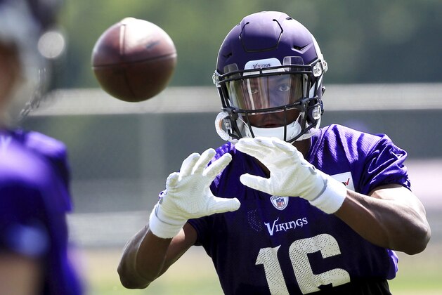 Minnesota Vikings wide receiver Cayleb Jones (16) makes a catch during NFL football training camp Friday, July 28, 2017, in Mankato, Minn. (AP Photo/Andy Clayton-King)