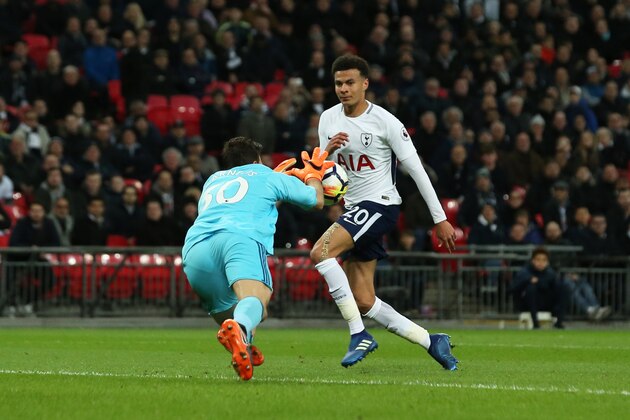 LONDON, ENGLAND - APRIL 30: Orestis Karnezis of Watford reaches a cross before Dele Alli of Tottenham during the Premier League match between Tottenham Hotspur and Watford at Wembley Stadium on April 30, 2018 in London, England. (Photo by James Williamson - AMA/Getty Images)
