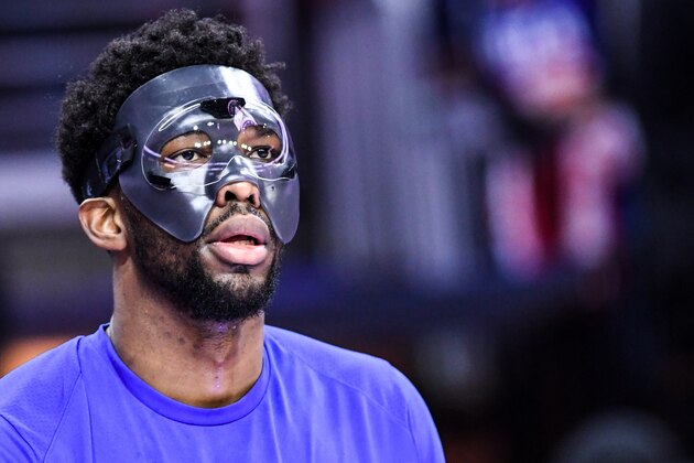 PHILADELPHIA, PA - APRIL 24: Joel Embiid #21 of the Philadelphia 76ers warms up wearing a mask before the game against the Miami Heat in game five of round one of the 2018 NBA Playoffs on April 24, 2018 at the Wells Fargo Center in Philadelphia, Pennsylvania. NOTE TO USER: User expressly acknowledges and agrees that, by downloading and or using this photograph, User is consenting to the terms and conditions of the Getty Images License Agreement. (Photo by Matteo Marchi/Getty Images)
