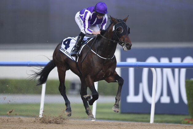 Mendelssohn with jockey Ryan Moore gallops to the wire to win the $2 million Group 2 UAE Derby over 1900m in Dubai, the United Arab Emirates, Saturday, March 31, 2018. (AP Photo/Martin Dokoupil)