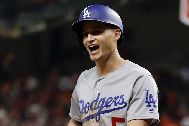Los Angeles Dodgers' Corey Seager reacts after striking out during the sixth inning of Game 5 of baseball's World Series against the Houston Astros Sunday, Oct. 29, 2017, in Houston. (AP Photo/Matt Slocum)
