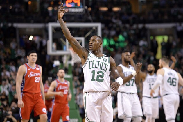 BOSTON, MA - APRIL 28: Terry Rozier #12 of the Boston Celtics reacts during the game against the Philadelphia 76ers during Game One of the Eastern Conference Semifinals of the 2018 NBA Playoffs on April 30, 2018 at the TD Garden in Boston, Massachusetts. NOTE TO USER: User expressly acknowledges and agrees that, by downloading and or using this photograph, User is consenting to the terms and conditions of the Getty Images License Agreement. Mandatory Copyright Notice: Copyright 2018 NBAE (Photo by David Dow/NBAE via Getty Images)