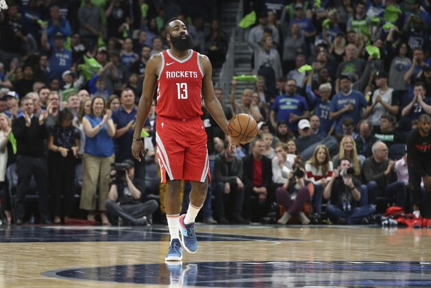 Houston Rockets' James Harden plays against the Minnesota Timberwolves during the second half of Game 4 in an NBA basketball first-round playoff series Monday, April 23, 2018, in Minneapolis. (AP Photo/Jim Mone)