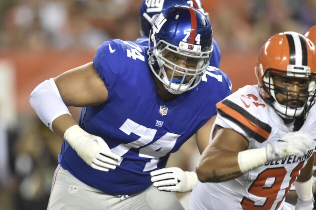 New York Giants offensive tackle Ereck Flowers (74) blocks during an NFL preseason football game against the Cleveland Browns, Monday, Aug. 21, 2017, in Cleveland. The Browns won 10-6. (AP Photo/David Richard)